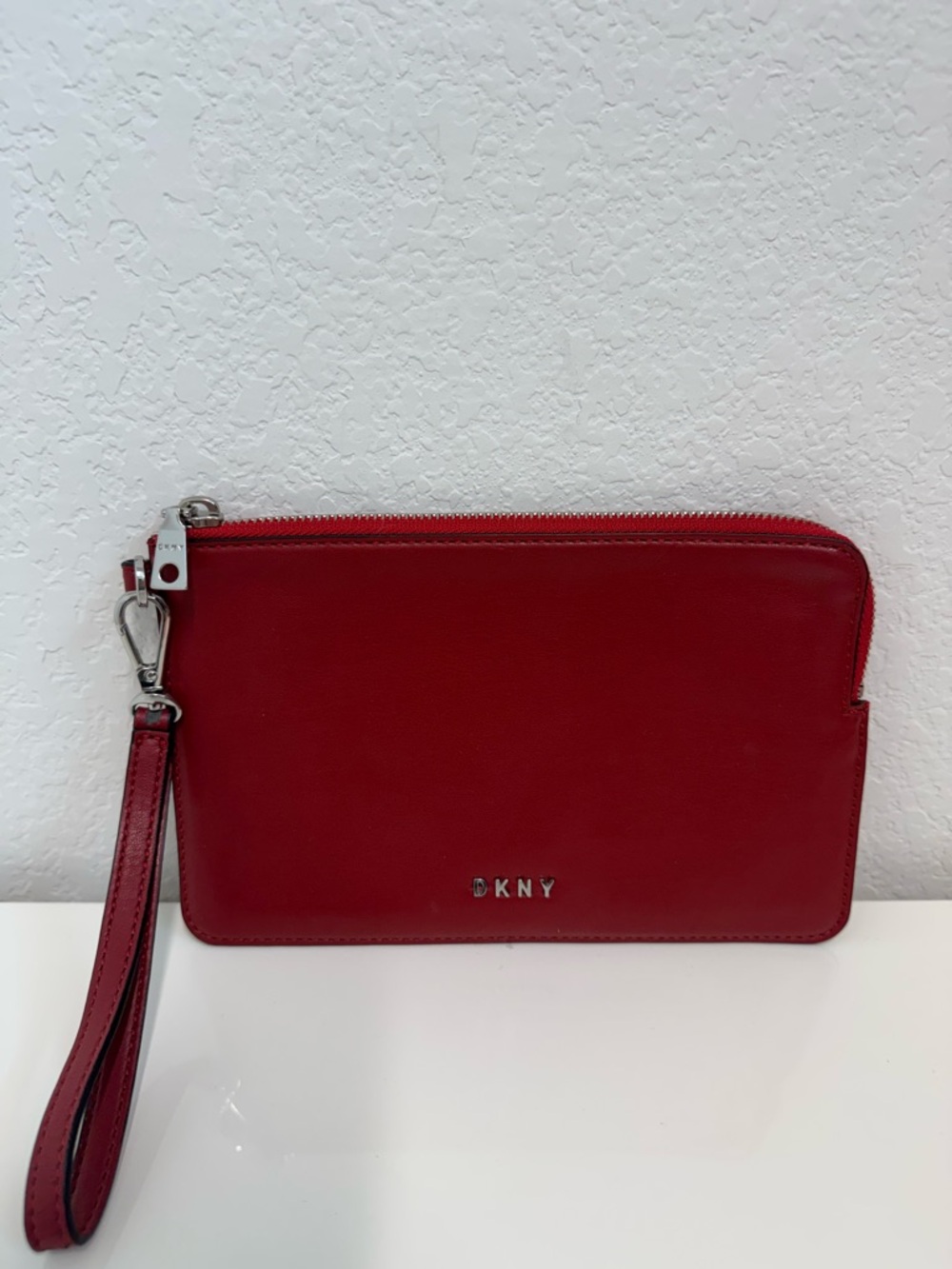 DKNY Red Leather Wristlet Pouch with Logo